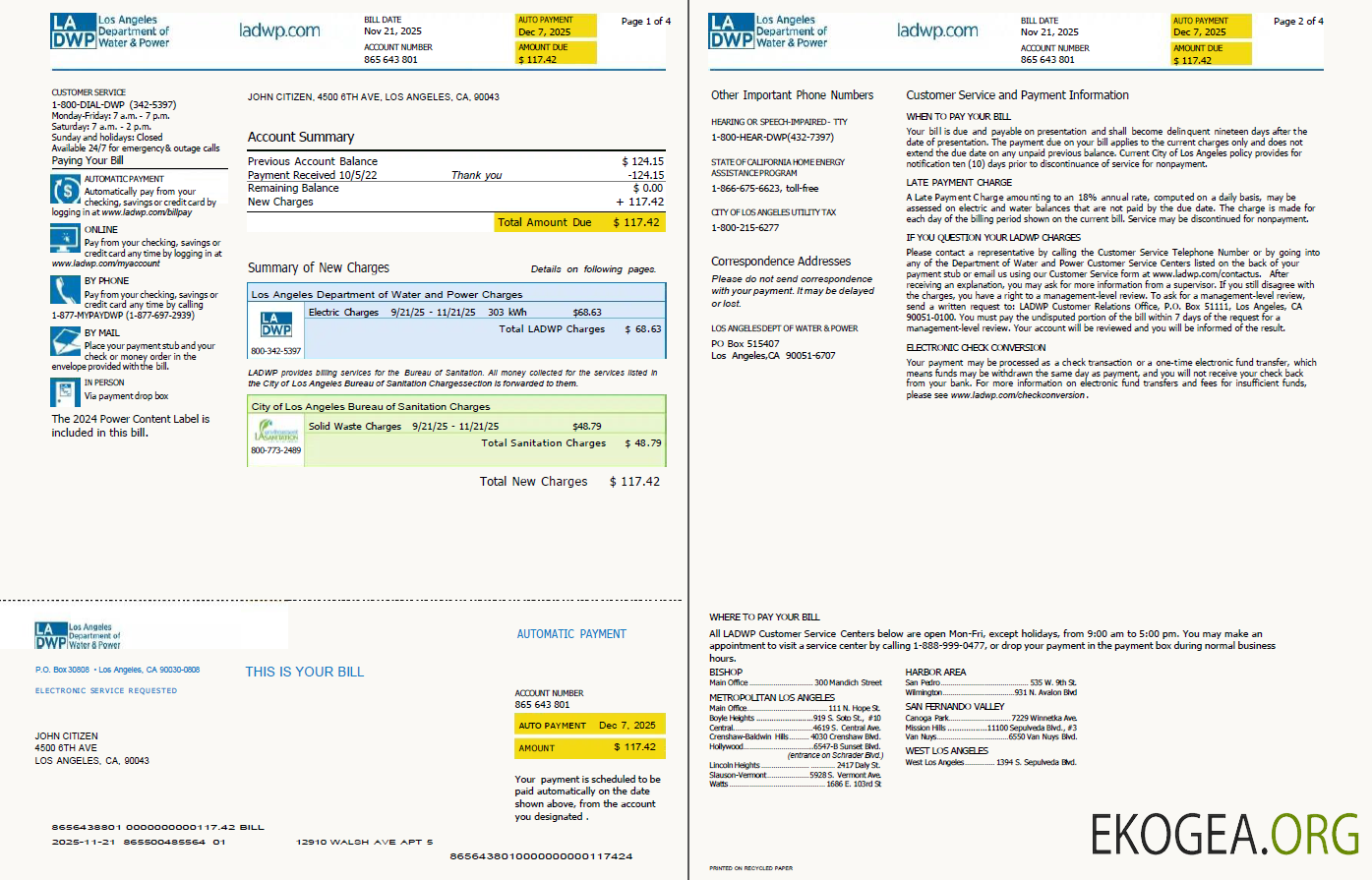 USA LA DWP utility bill template in Word and PDF formats, 4 pages, version 2, 1 2 pages
